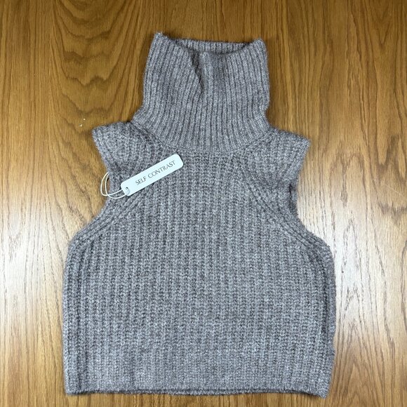 NWT Self Contrast Taupe Ribbed Turtleneck Knit Sweater Vest – Women’s Small - Picture 2 of 7